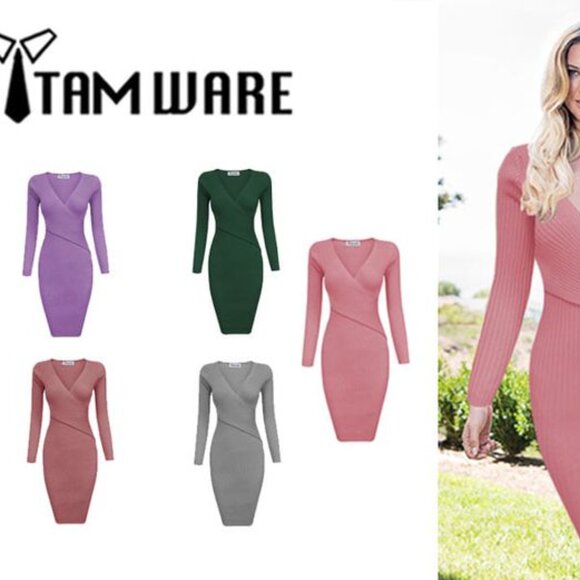 NWT Tam Ware Surplice Wrap Bodycon Knit Midi Dress Pink Medium - Picture 2 of 6
